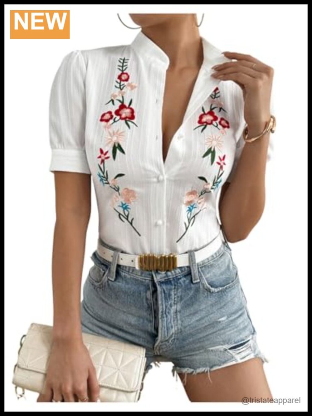Floral Embroidery Puff Sleeve Button Down Blouse